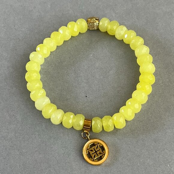 Rustic Cuff Yellow Jade Stretch Bracelet Semi Precious Faceted Stones - Picture 1 of 2